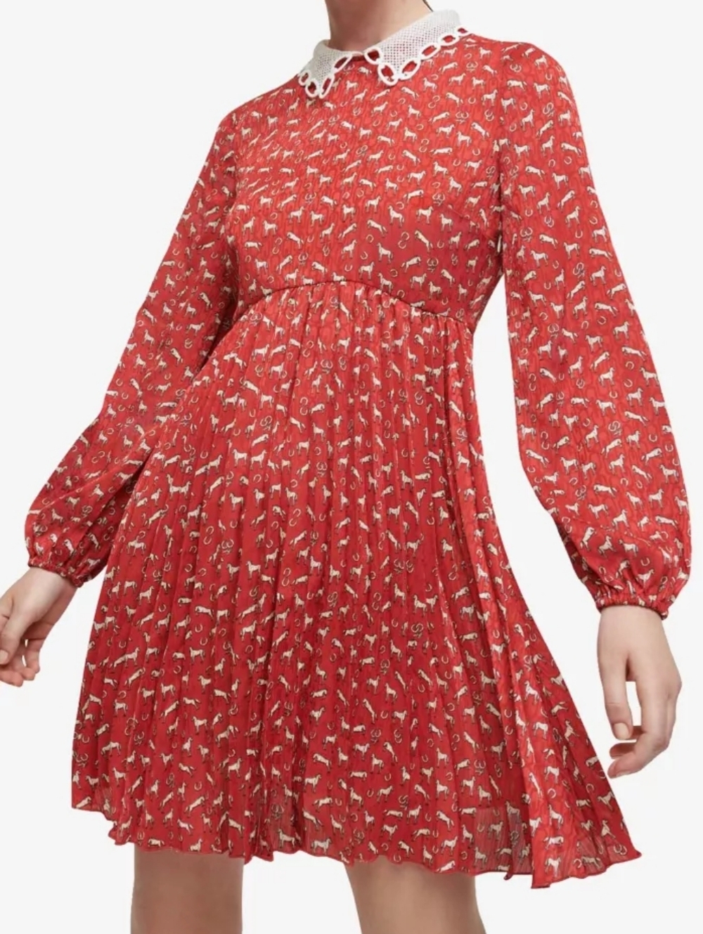 Maje Horse Print Raina Pleated Long Sleeve Dress With Embellished Collar